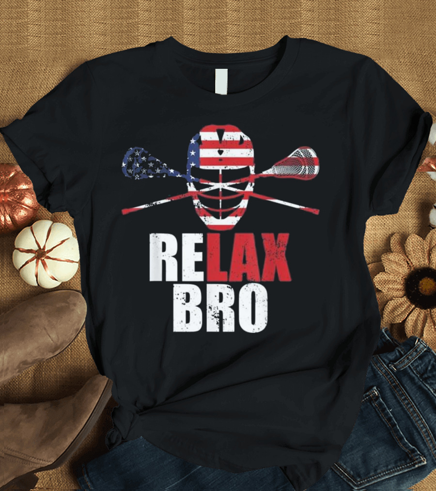 American Flag Relax Bro Lacrosse Mask and Crossed Sticks T-Shirt