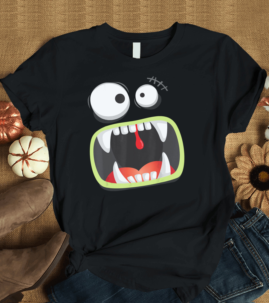Halloween Big Monster Face with Funny Drooling Fangs Costume T-Shirt