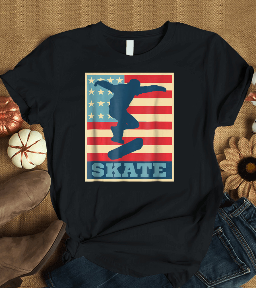 Skateboarding Silhouette American Flag Stars and Stripes Skate T-Shirt