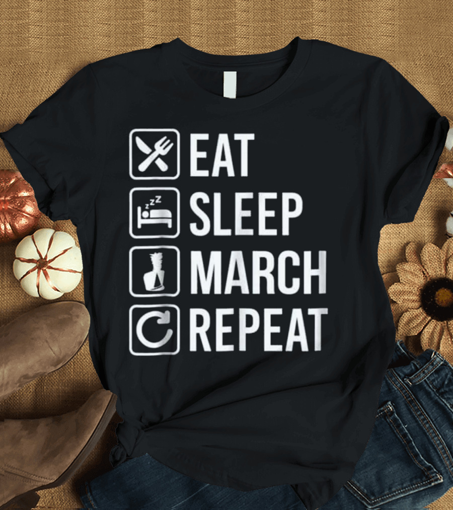 Eat Sleep March Repeat Icons with Fork Bed Shako Cycle T-Shirt