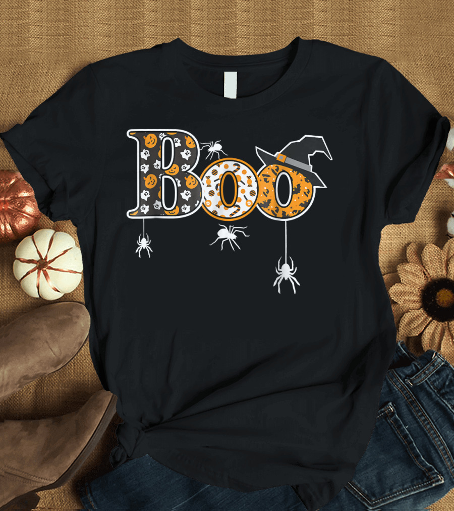 Boo Halloween With Spiders Witch Hat Pumpkins Ghosts T-Shirt