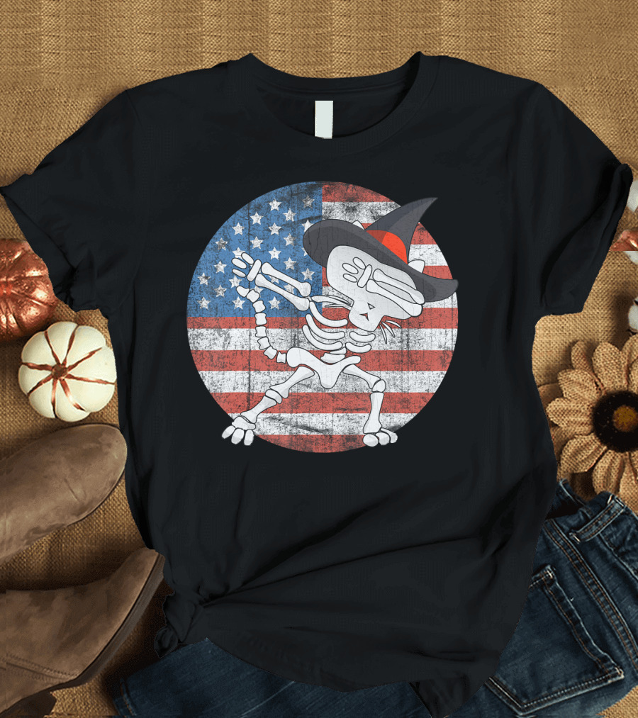 Halloween Skeleton Dabbin' Witch Hat American Flag T-Shirt