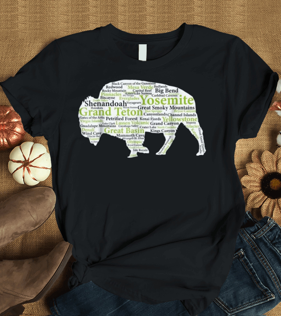 National Park Map Bison Yosemite Grand Teton Yellowstone Great Basin 59 Nation T-Shirt
