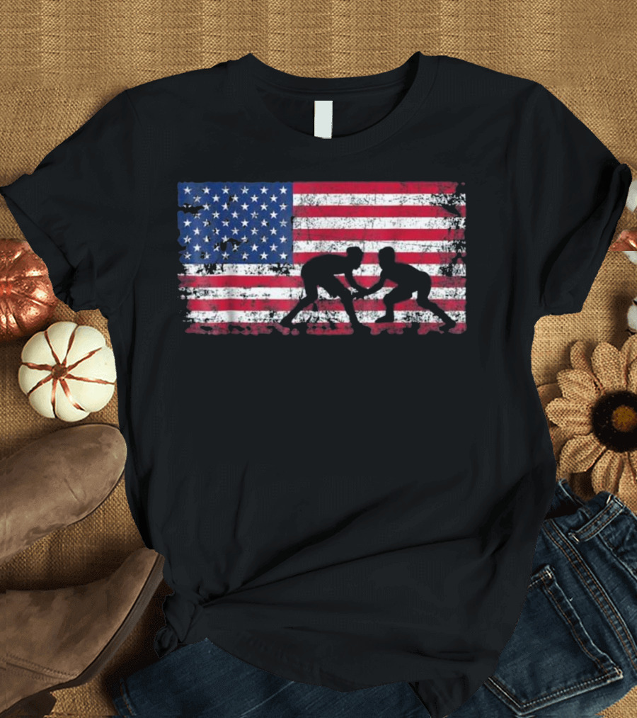 American Flag Wrestling Silhouette Patriotic USA Wres T-Shirt
