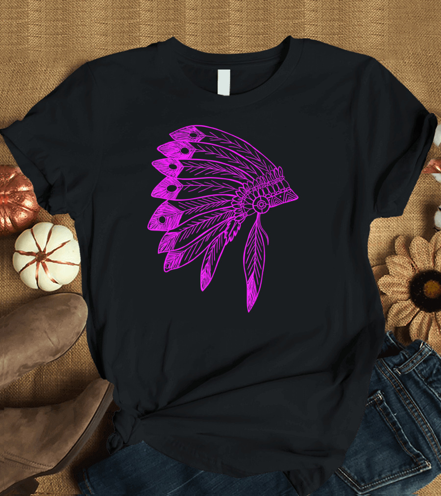 Native American Feather Headdress Pink Outline T-Shirt