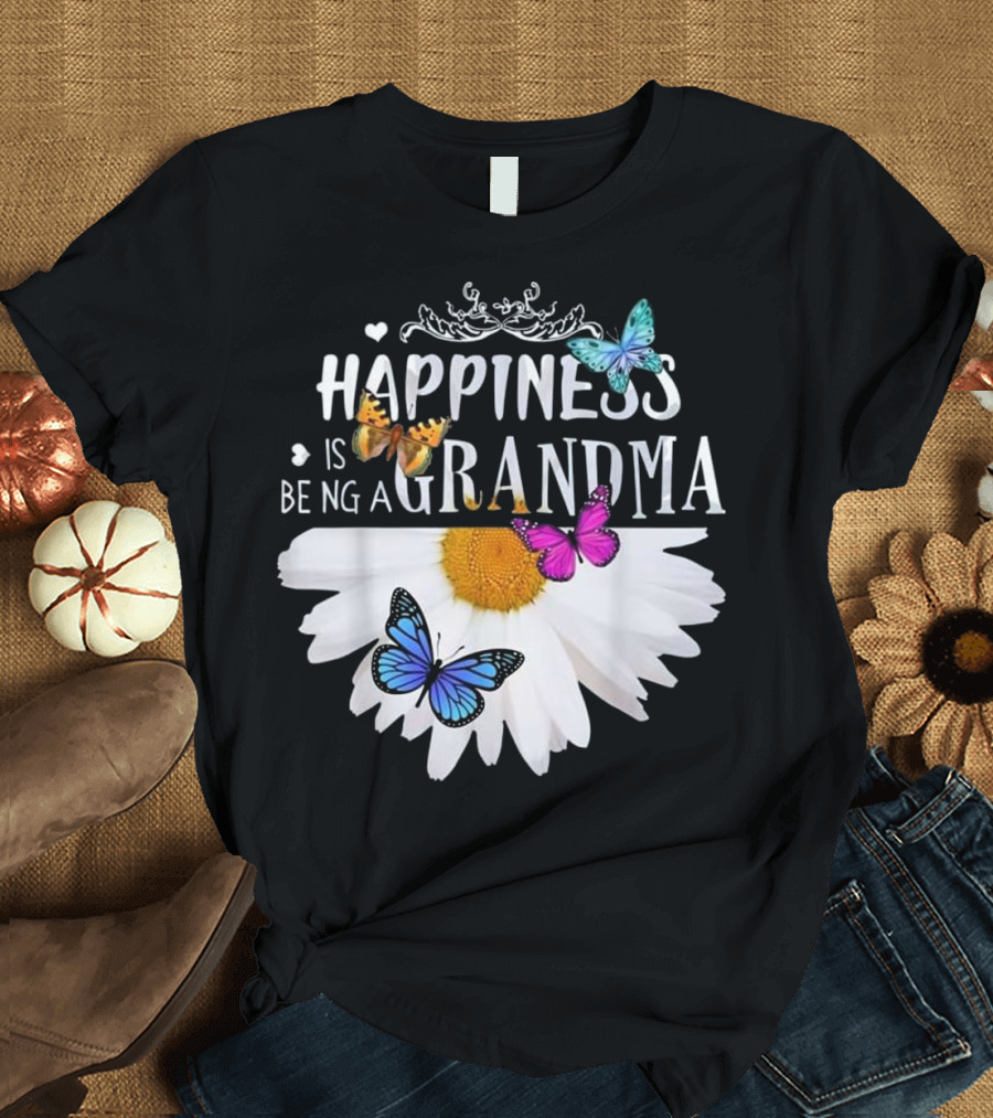 Happiness Is Being A Grandma Daisy Butterfly Heart T-Shirt