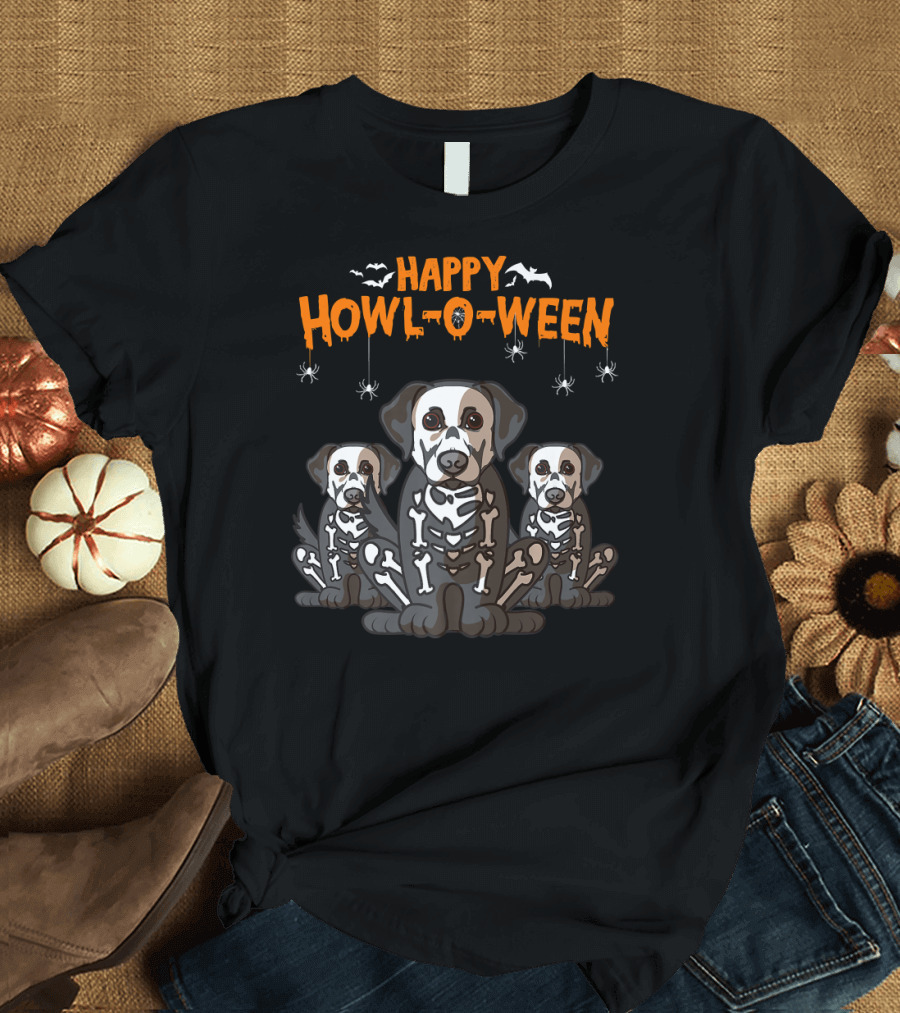 Happy Howl-O-Ween Labrador Retriever Skeleton Trio with Bats and Spiders T-Shirt