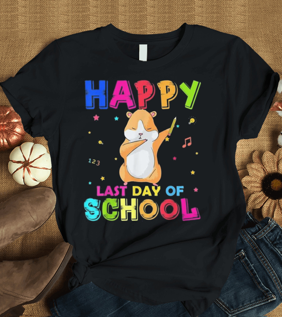 Happy Last Day Of School Dabbing Hamster with Colorful Letters and Musical Notes T-Shirt