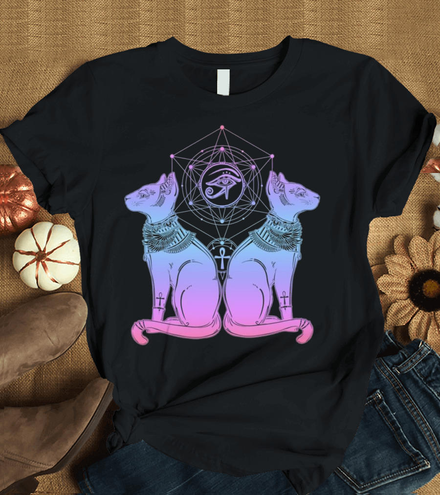 Egyptian Cat Goddess Bastet Sphinx Eye Of Horus Ankh Geometry T-Shirt