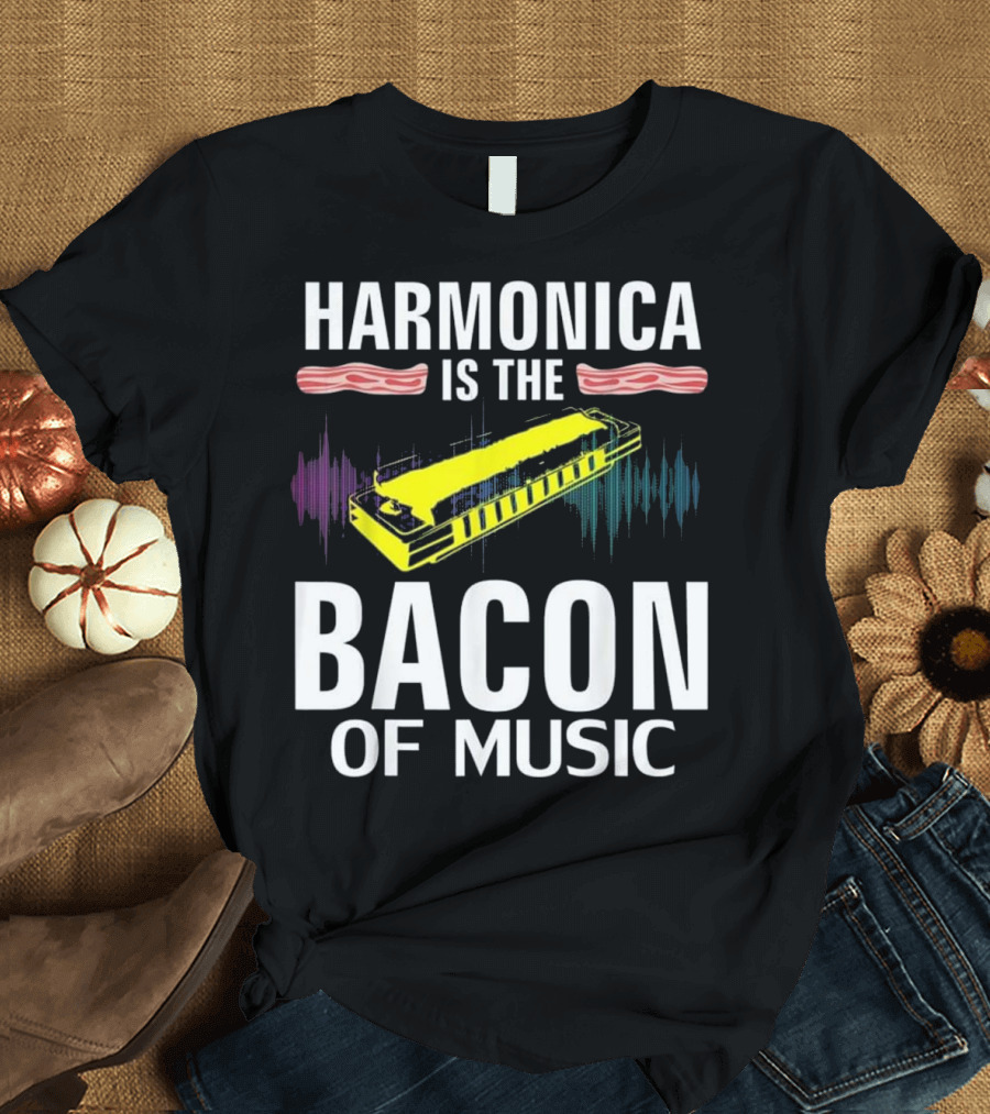 Harmonica Is the Bacon of Music with Sound Waves and Bacon Strips T-Shirt
