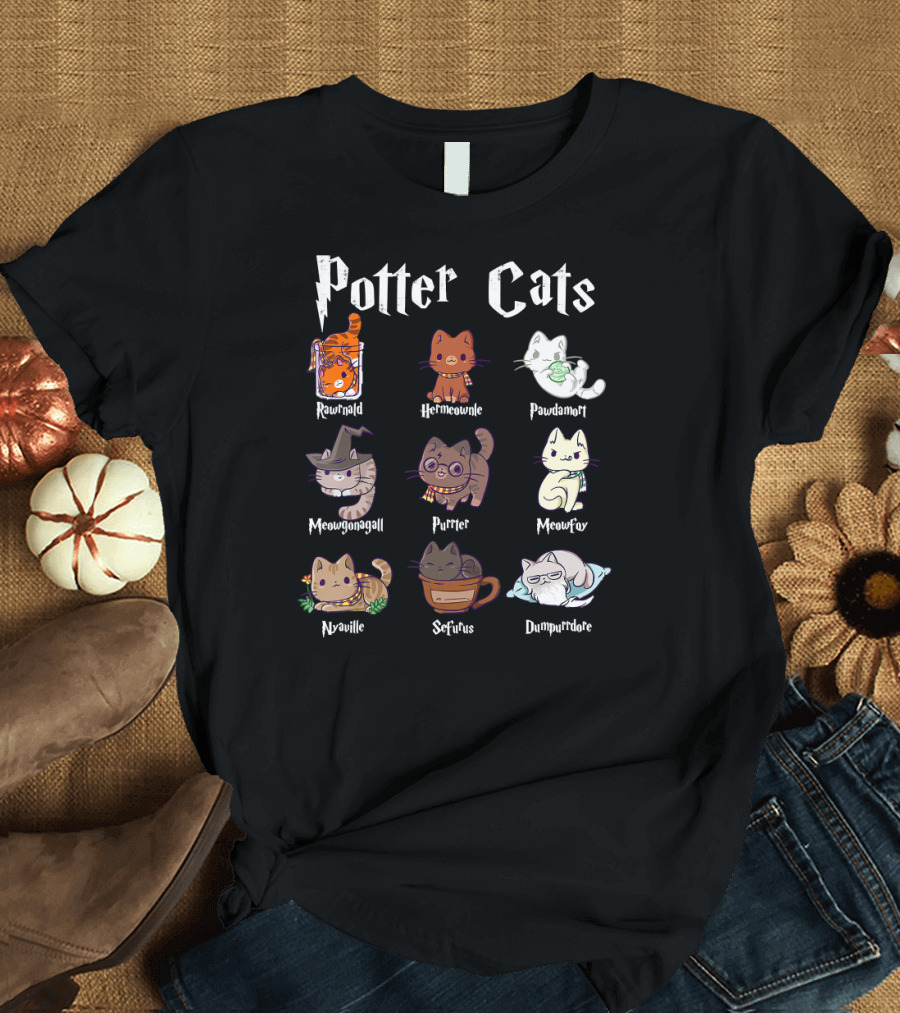 Potter Cats Rawrnald Hermeowine Pawdamort Meowgongall Purrter Meowfoy Nyaville Seffius Dumpurrdore T-Shirt