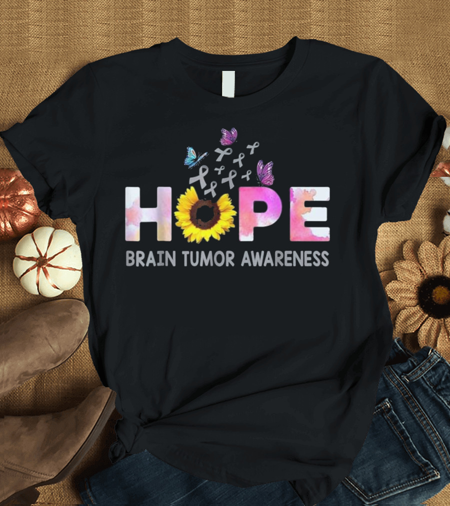Brain Tumor Awareness Hope Sunflower Butterflies Gray T-Shirt