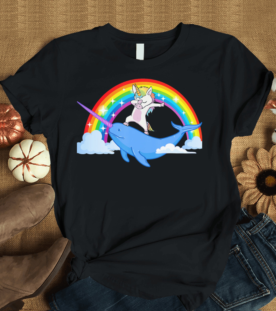 Magical Dabbing Unicorn on Narwhal with Rainbow T-Shirt