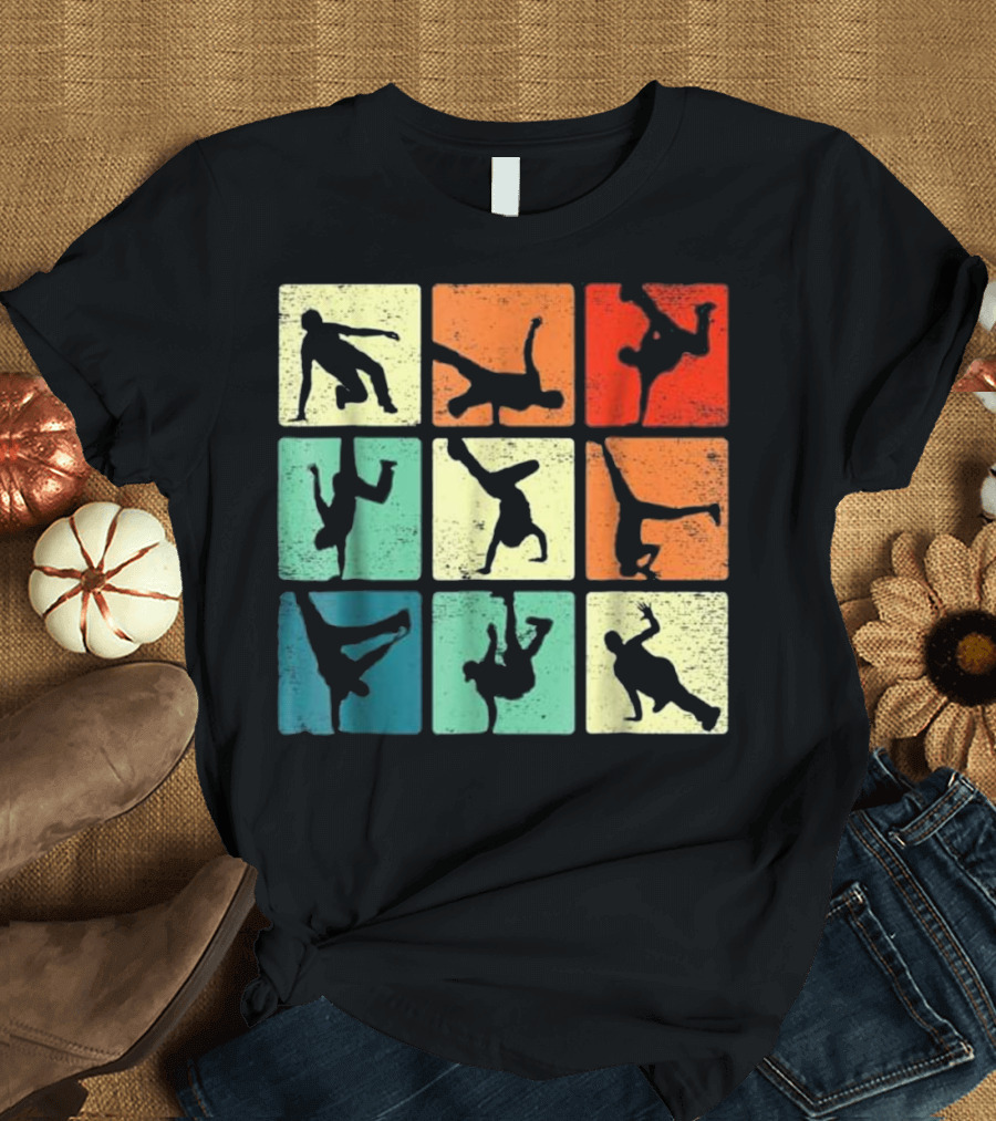 Break Dancing Bboy Poses Retro Vintage Hip Urban Silhouette Blocks T-Shirt