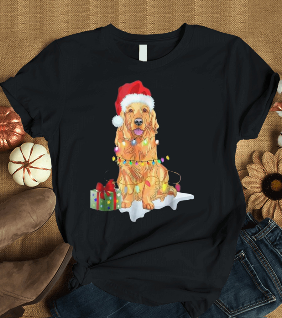 Golden Retriever Santa with Christmas Lights and Present T-Shirt