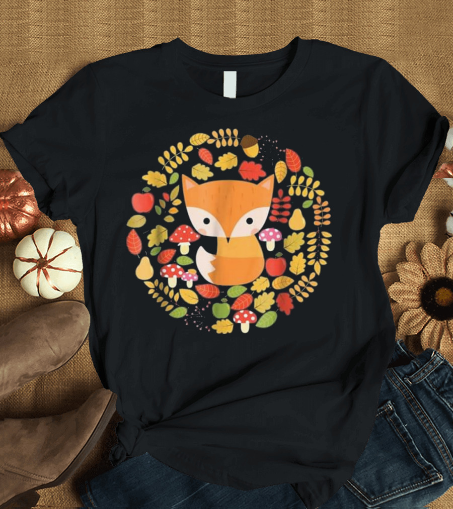 Cute Fox Woodland Animal Autumn Leaves and Mushrooms T-Shirt