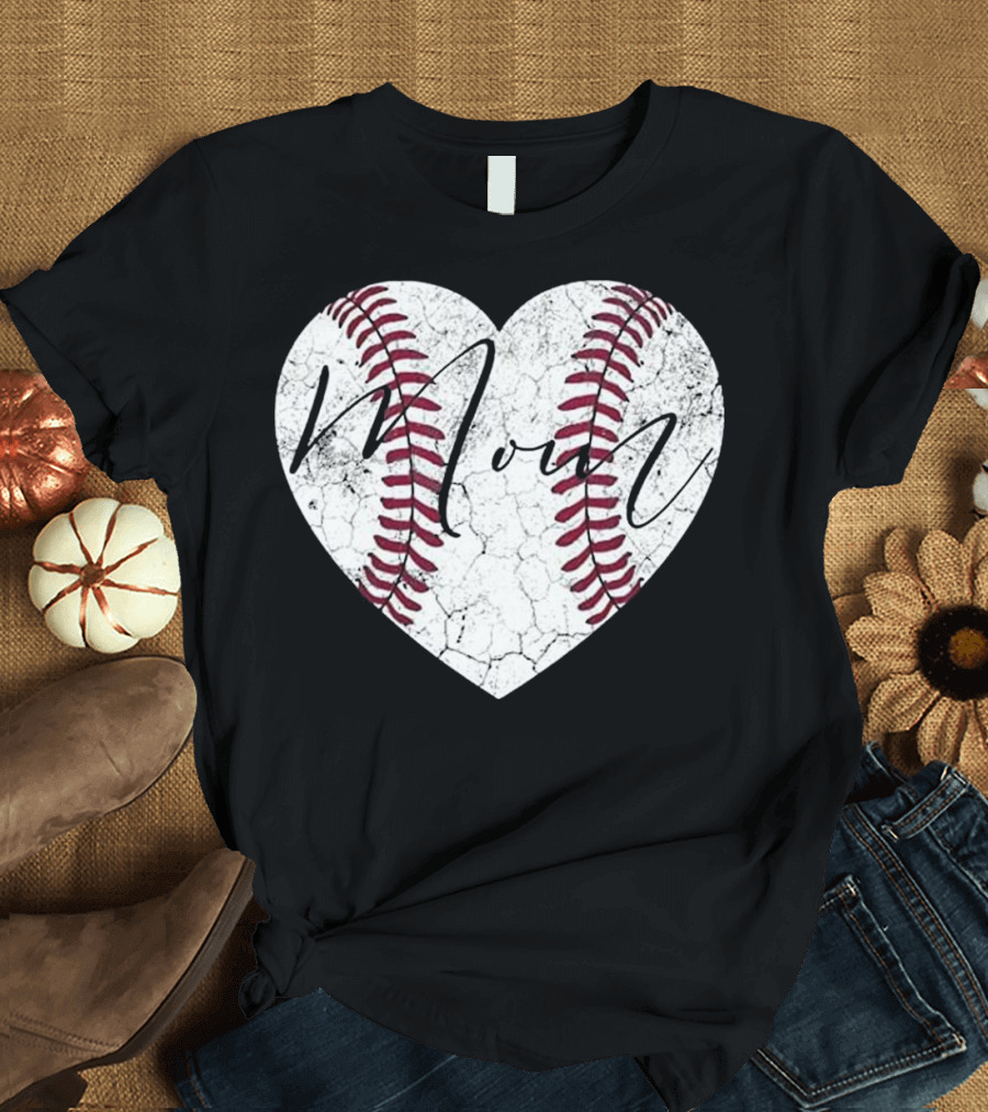 Heart Mom Mother's Day Baseball Textured Stitching T-Shirt