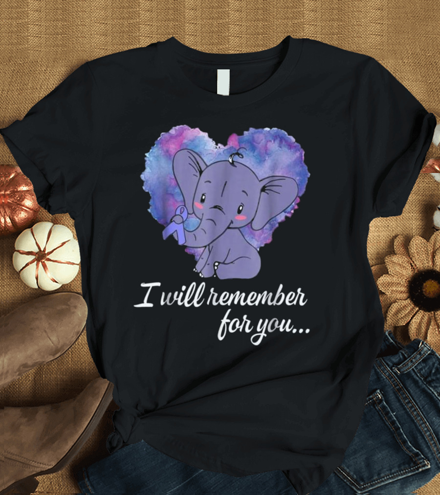I Will Remember For You Elephant Holding Purple Ribbon Alzheimer's Awareness T-Shirt