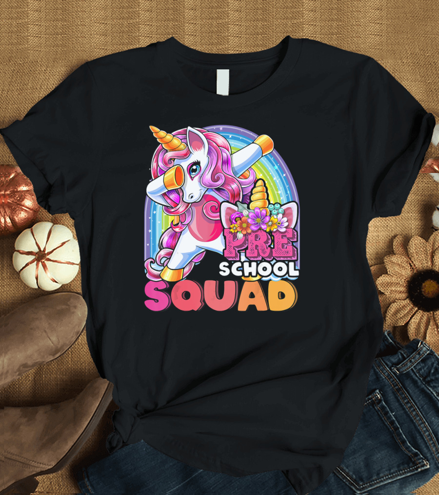 Preschool Squad Dabbing Unicorn Rainbow Flowers Back to School T-Shirt