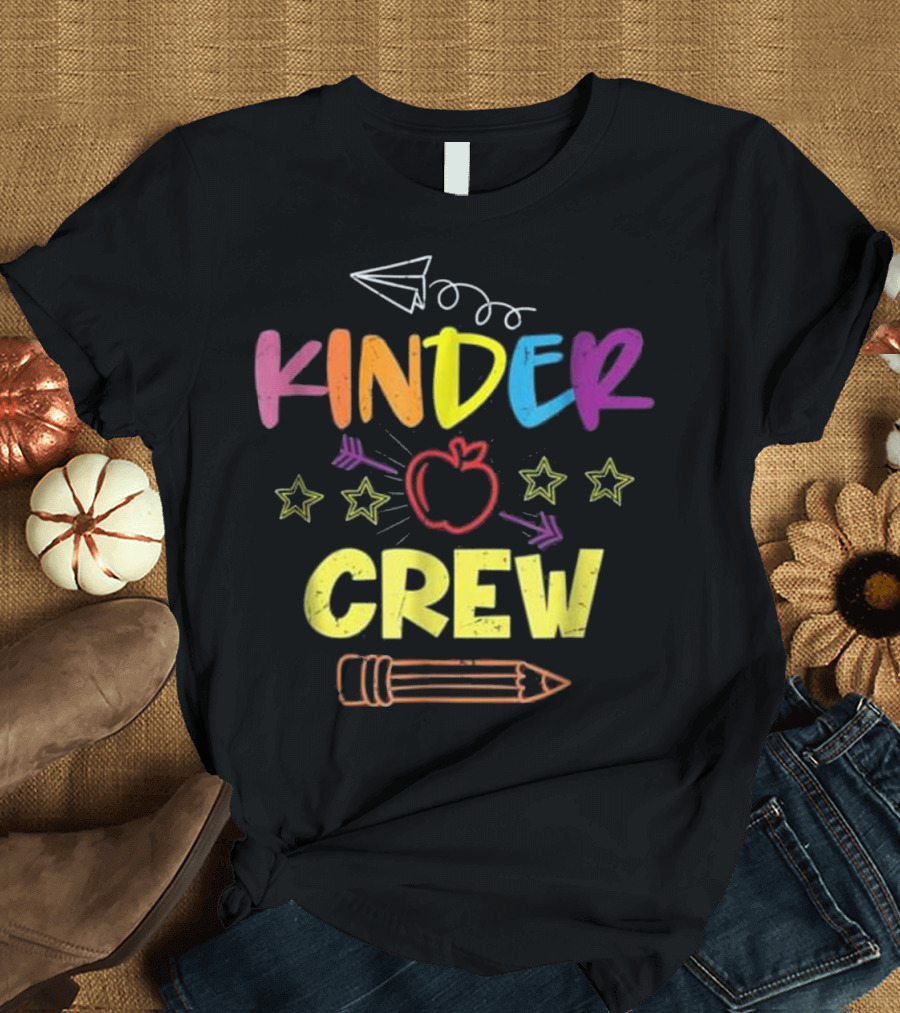 Kinder Crew Kindergarten Pencil Apple Stars Paper Airplane T-Shirt
