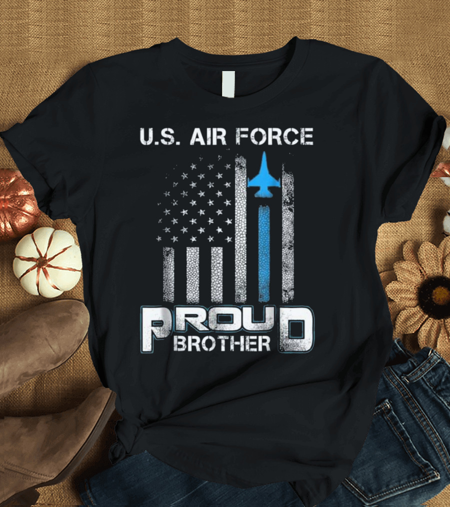 U.S. Air Force Proud Brother with American Flag and Blue Jet T-Shirt