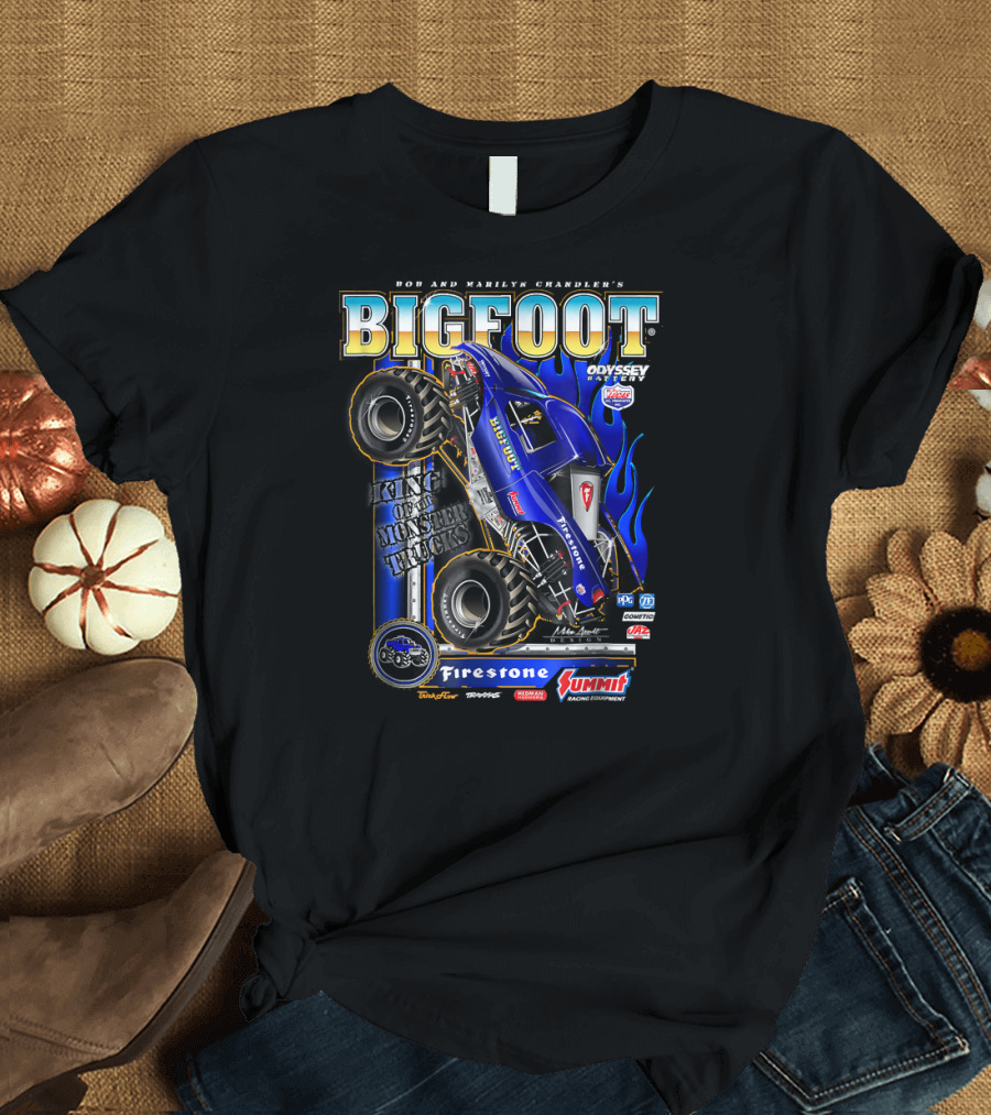 Bob and Marilyn Chandler's King of the Monster Trucks BIGFOOT Firestone Summit Racing Equipment Odyssey Holley MSD Hooker Headers T-Shirt