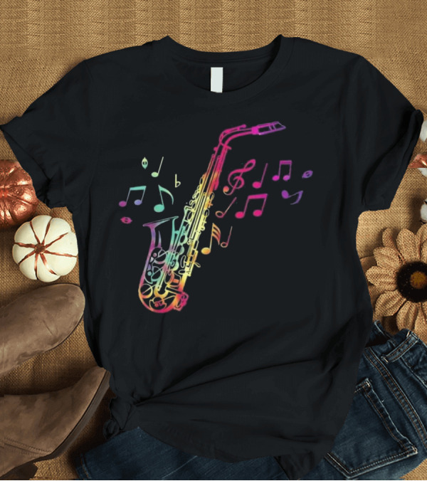 T-Shirt: Colorful Saxophone Jazz Musician with Musical Notes T-Shirt Colorful Saxophone Jazz Musician with Musical Notes T-Shirt