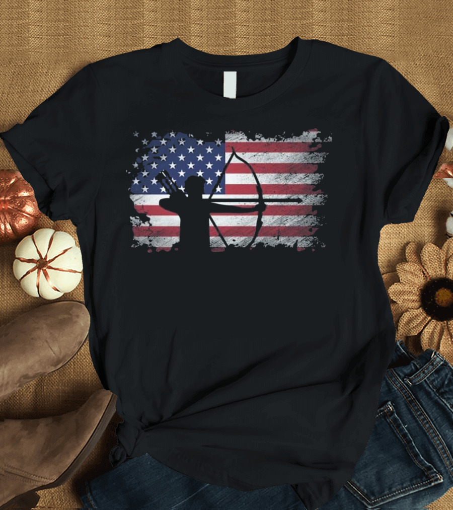 Archery American Flag USA Patriotic Silhouette Bow and Arrow T-Shirt