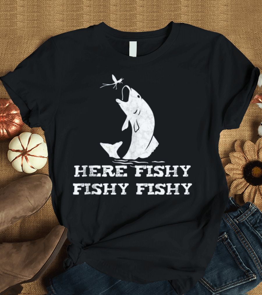 Here Fishy Fishy Fishy Leaping Trout with Fly Fishing Lure T-Shirt