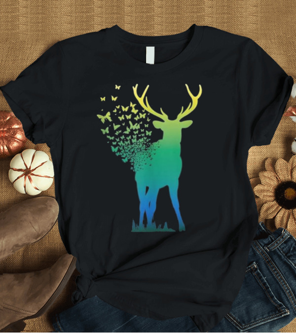 T-Shirt: Butterfly Buck Antlers Nature Scene Deer T-Shirt Butterfly Buck Antlers Nature Scene Deer T-Shirt