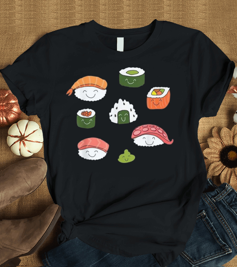Kawaii Nigiri Sushi Sashimi Japanese Food Smiling Faces T-Shirt