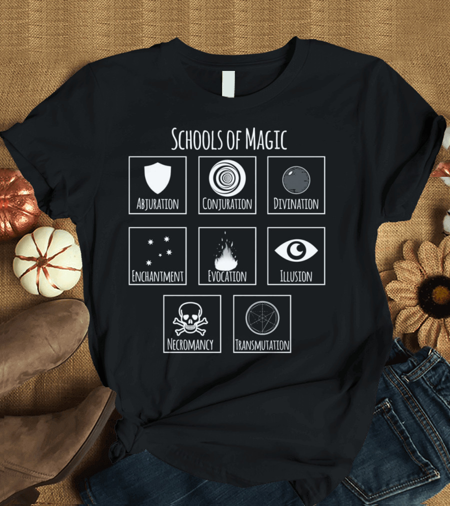 Schools of Magic Abjuration Conjuration Divination Enchantment Evocation Illusion Necromancy Transmutation RPG Fantasy T-Shirt