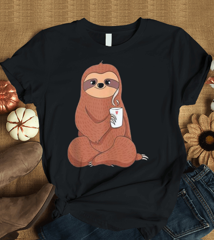 Cute Sloth Holding Heart Mug with Cozy Smile T-Shirt
