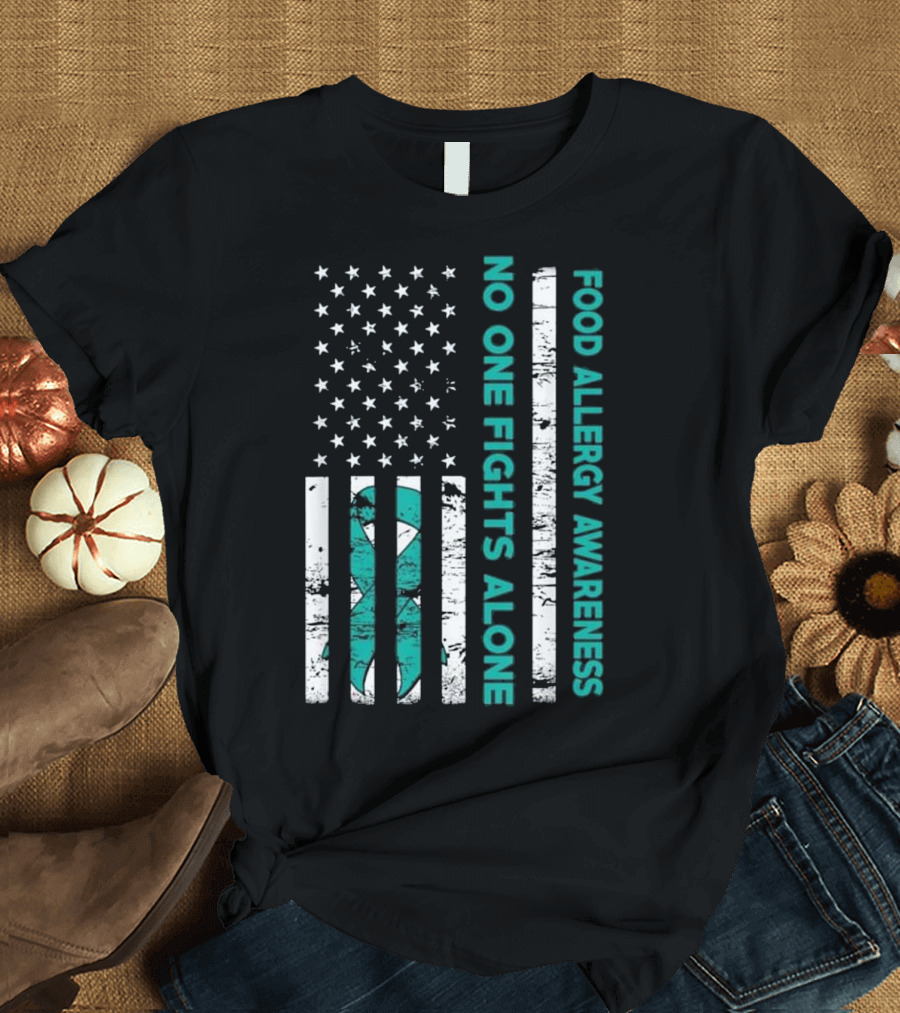 No One Fights Alone Food Allergy Awareness American Flag T-Shirt