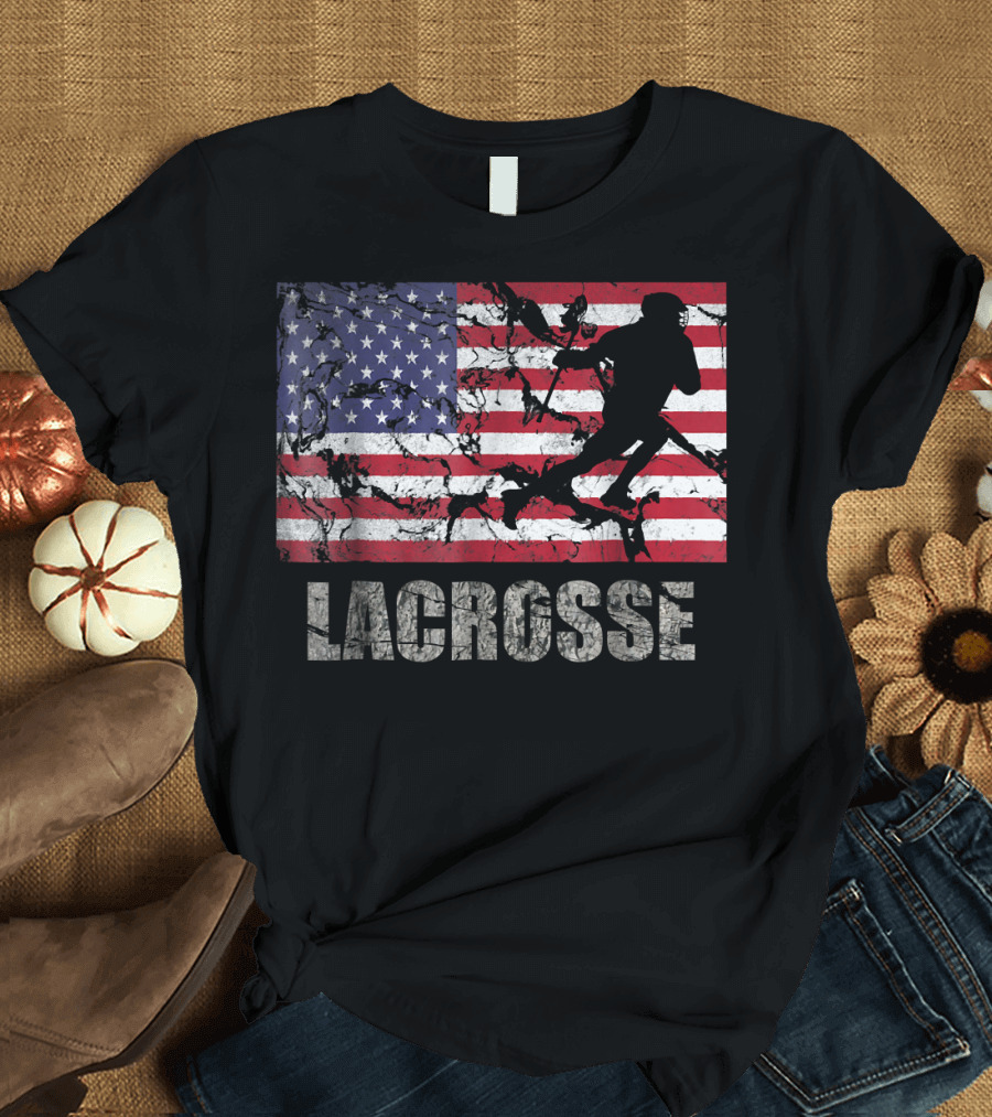 Lacrosse American Flag USA Flag Player Silhouette Fan T-Shirt