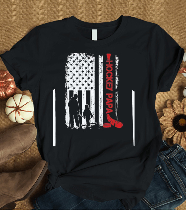 T-Shirt: Father's Day Hockey Papa American Flag with Father and Child T-Shirt Father's Day Hockey Papa American Flag with Father and Child T-Shirt