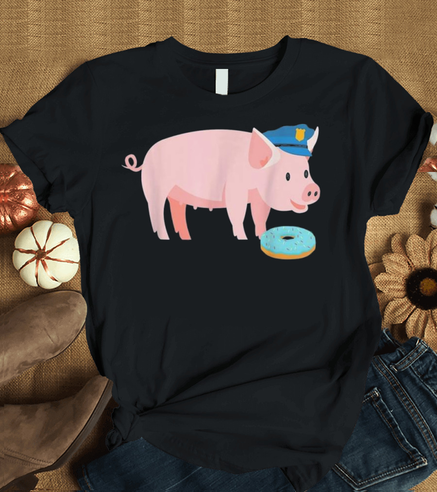 Funny Police Officer Pig Cop and Doughnut Humor T-Shirt