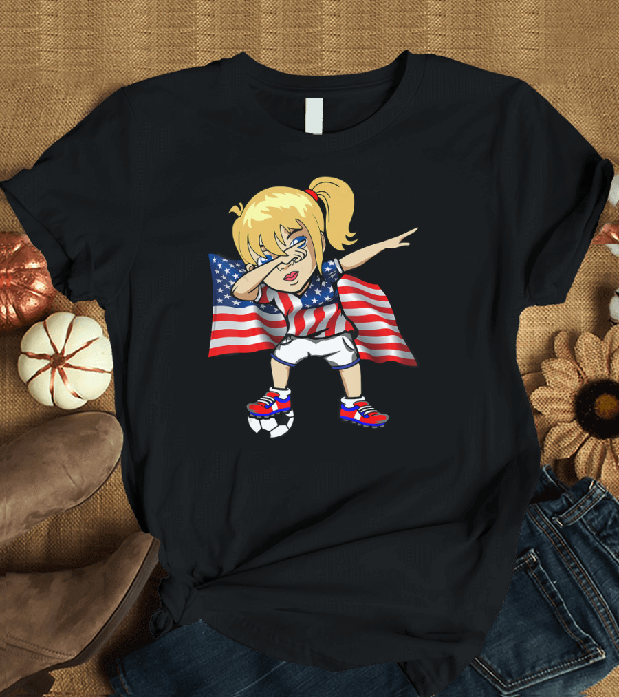 Dabbing American Girl Soccer Player with USA Flag Cape T-Shirt