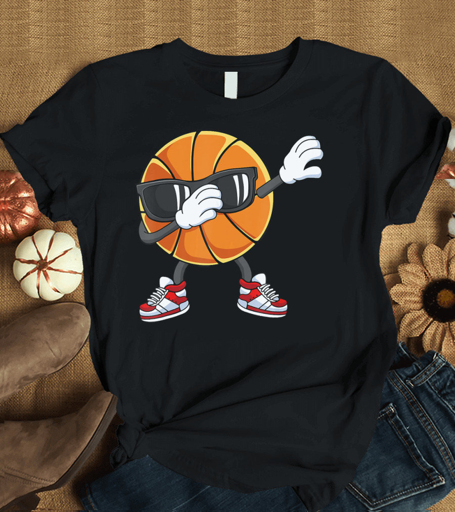 Dabbing Basketball Ball Boys Kids with Sunglasses and Sneakers T-Shirt