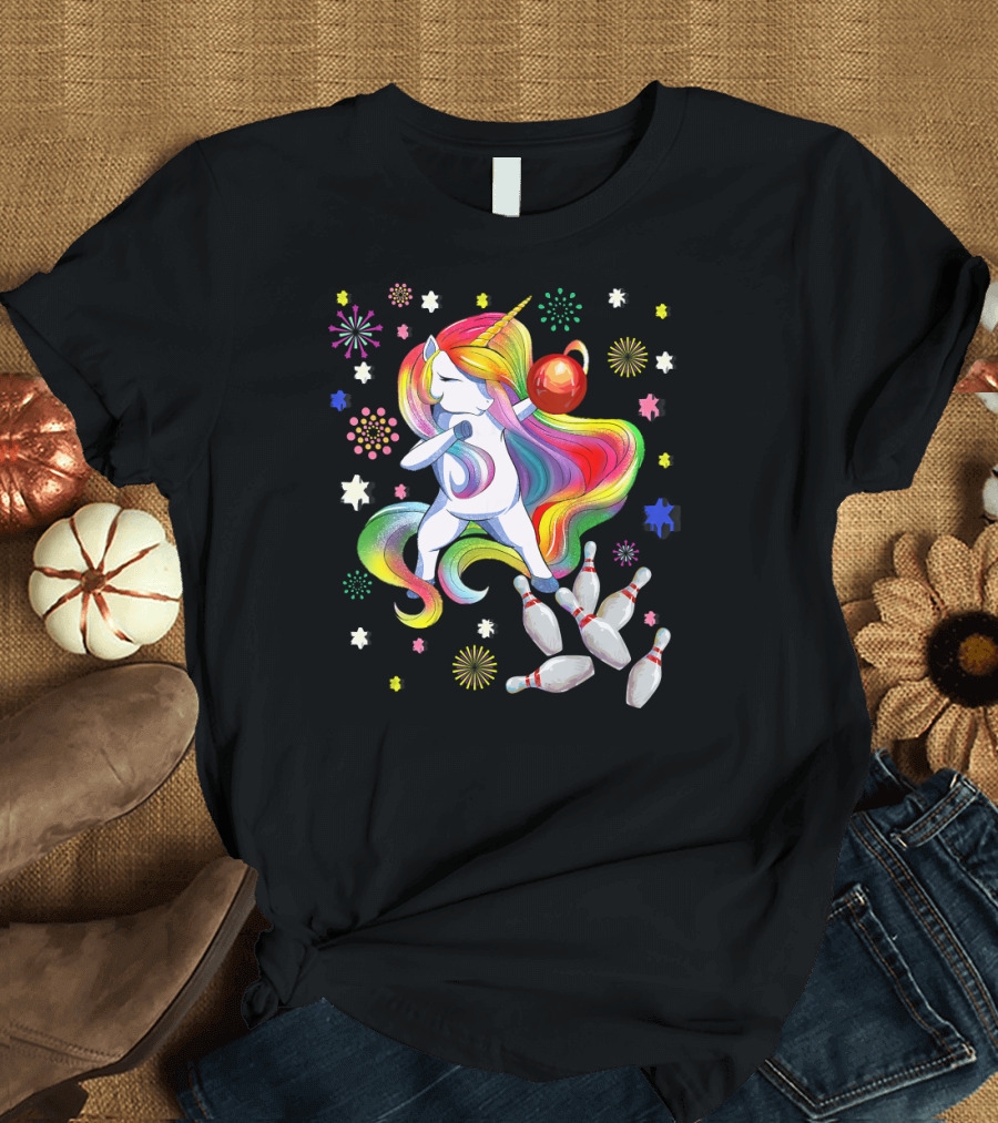 Dabbing Bowling Unicorn with Colorful Stars and Pins T-Shirt