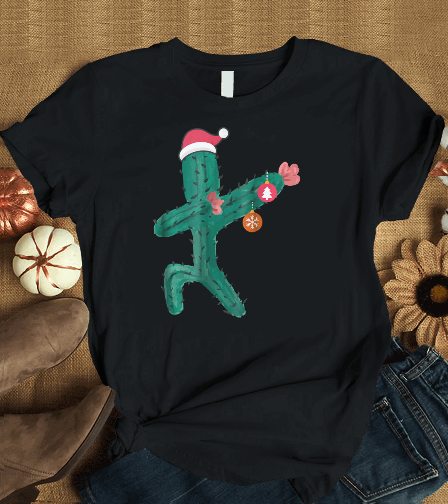 Dabbing Cactus Santa with Christmas Ornaments T-Shirt