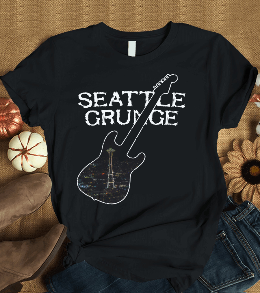 Seattle Grunge Retro Rock Guitar Space Needle Night Skyline T-Shirt