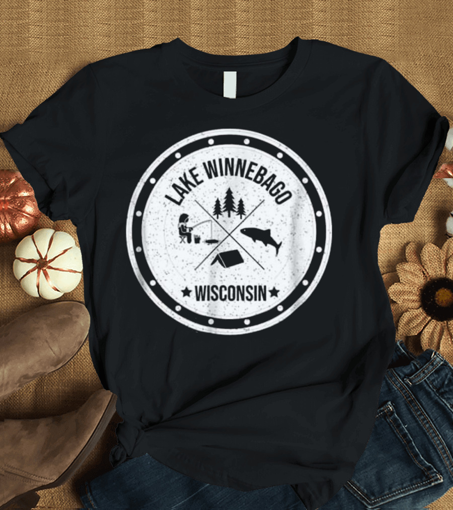 Lake Winnebago Wisconsin Ice Fishing Camper Tent Trees Fish T-Shirt