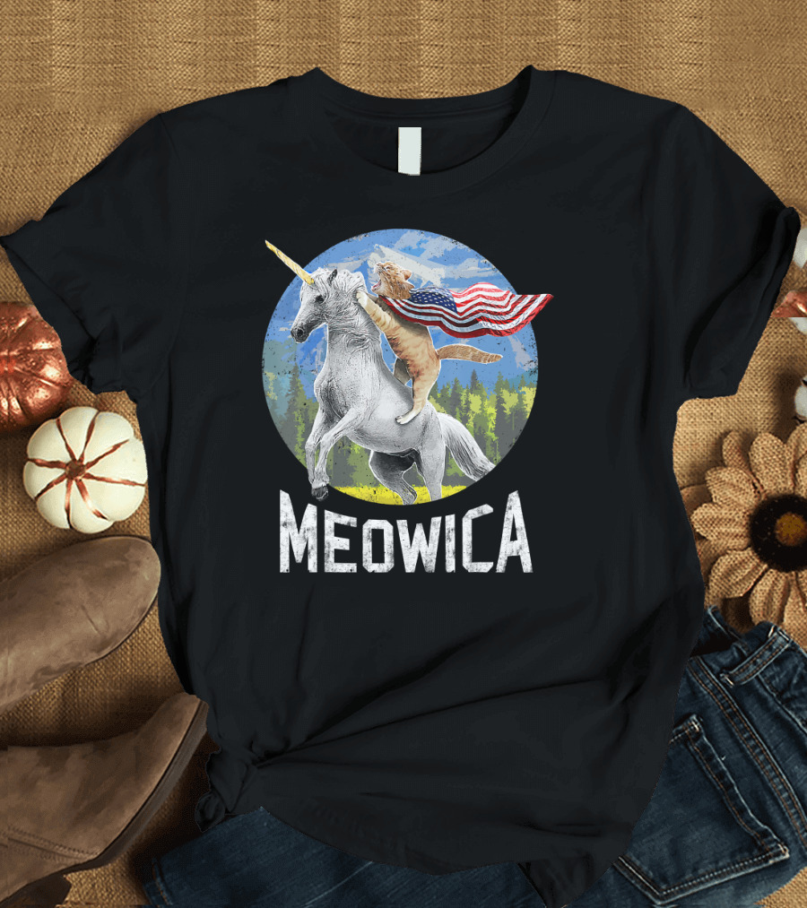Meowica Unicorn Cat Holding American Flag in Mountain Scene T-Shirt
