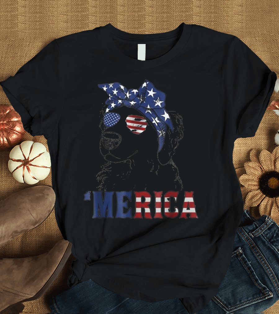 'Merica Patriotic American Flag Golden Retriever with Stars and Stripes Bandana and Sunglasses T-Shirt