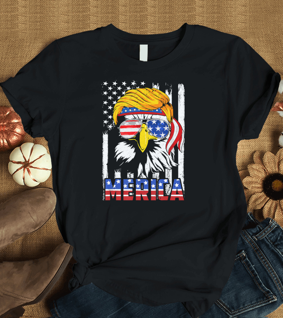 Merica Bald Eagle Trump Hair American Flag Sunglasses 4th of July T-Shirt