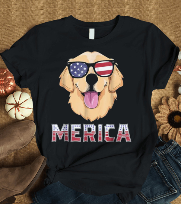 T-Shirt: Merica Golden Retriever Dog Wearing Patriotic Sunglasses with American Flag T-Shirt Merica Golden Retriever Dog Wearing Patriotic Sunglasses with American Flag T-Shirt