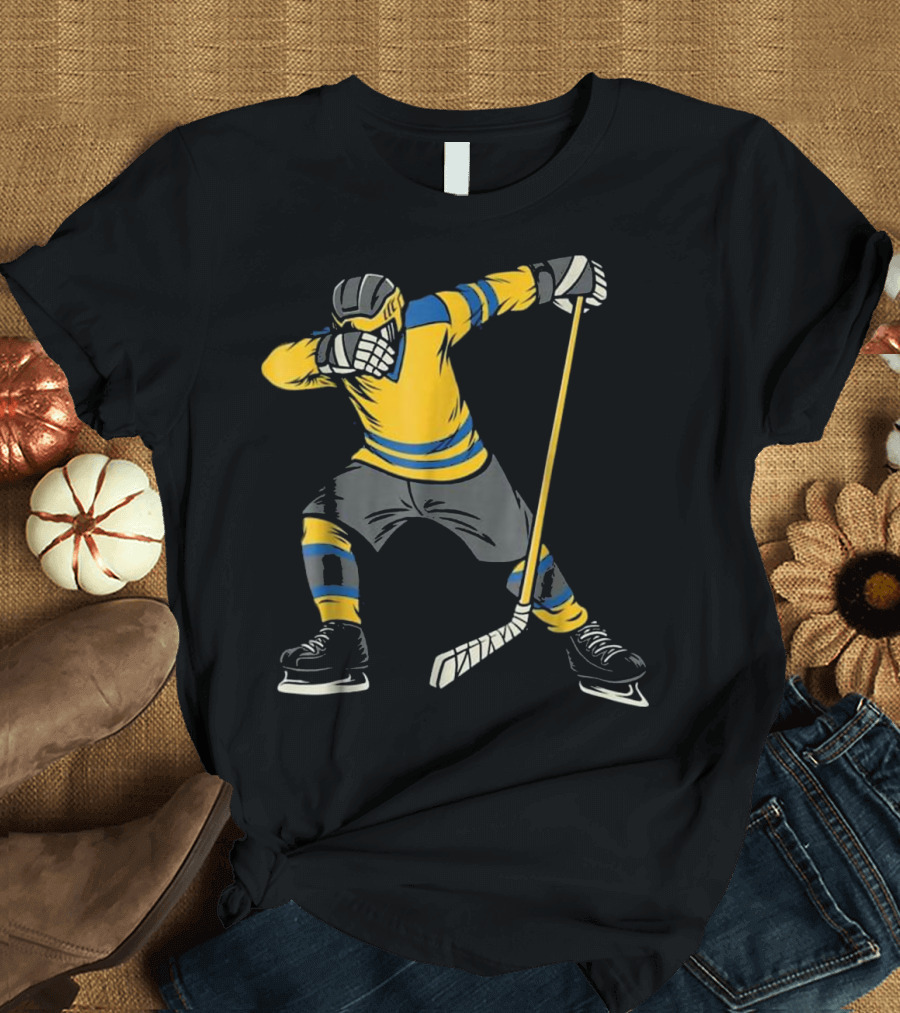 Dabbing Hockey Player in Blue and Yellow Stripes for Kids and Men T-Shirt