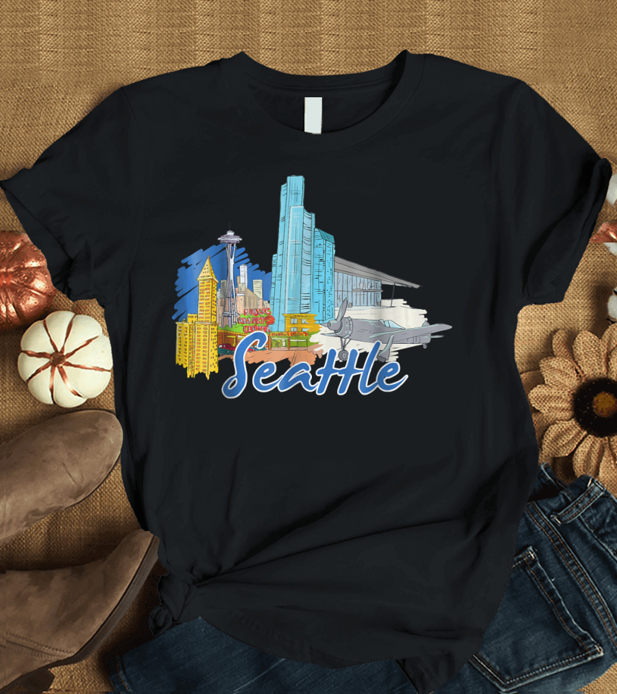 Seattle Washington Landmarks with Space Needle and Airplane T-Shirt