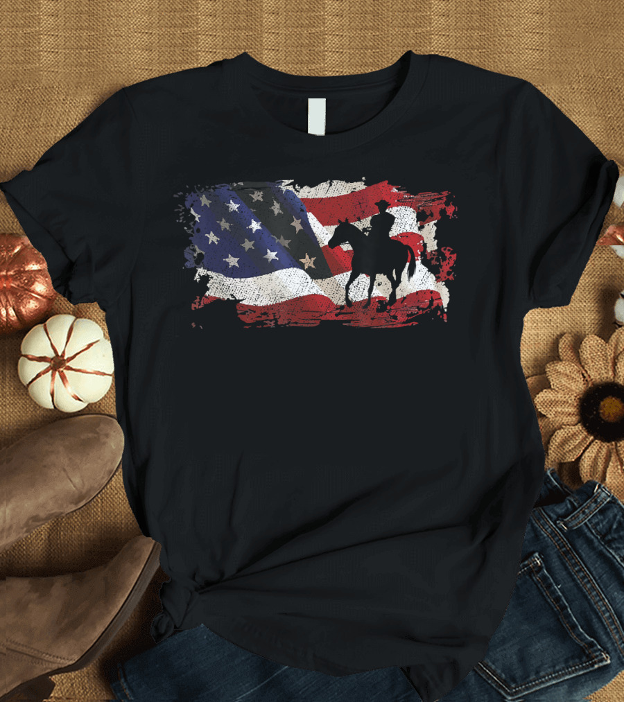 Cowboy Silhouette Horse Rider Over USA Flag Background T-Shirt